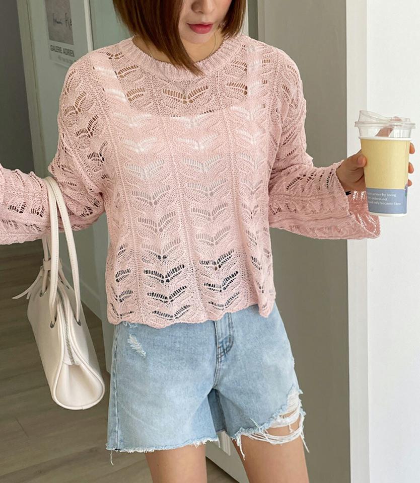 リーフパンチングラウンドニット・全4色・t00580 レディース 【tops】トップス ニット 長袖 カラーニット 透け感 シアー シースルー パンチング カジュアル ラフ シンプル ルーズ ドロップショルダー 春 秋 韓国ファッション