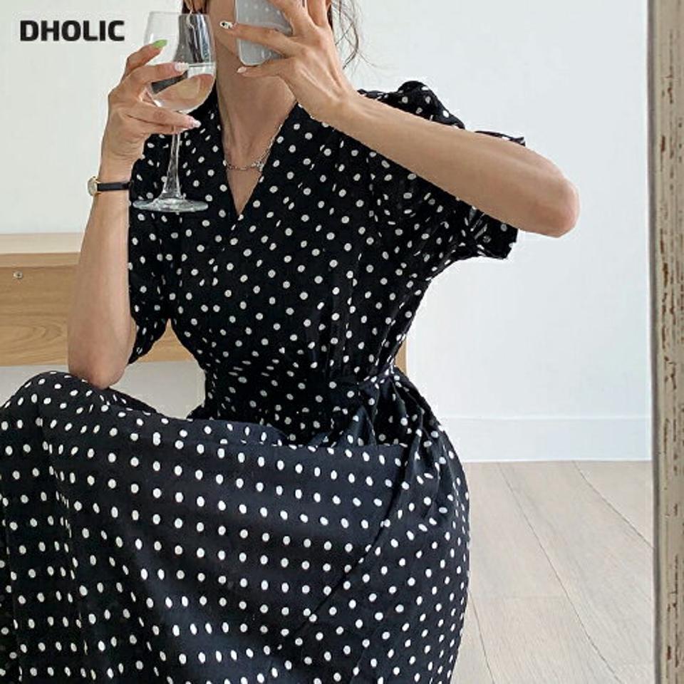 Vネックドットカシュクールワンピース・全2色・b00592 レディース 【ops】ワンピース ロング丈 ロングワンピース 半袖 パフ袖 パフスリーブ カシュクール ドット柄 かわいい 可愛い ガーリー 大人 春 夏 ギャザー 韓国ファッション 人気