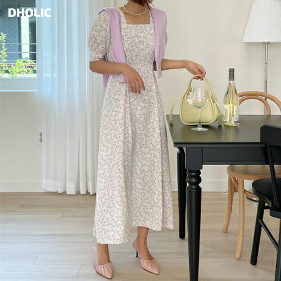 スクエアフローラル半袖ワンピース・全3色・t00593 レディース 【ops】ワンピース ロング丈 ロングワンピース 半袖 ハーフスリーブ 花柄 スクエアネック フェミニン かわいい 可愛い レトロ 小花柄 デコルテ 鎖骨 春 夏 韓国ファッション