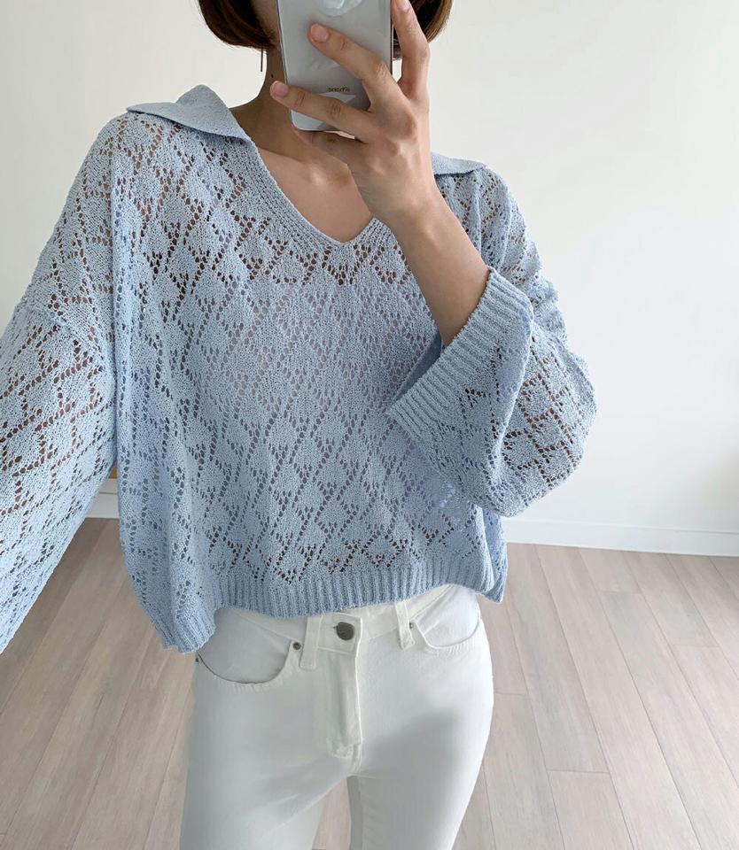 カラーパンチングニット・全6色・t00579 レディース 【tops】トップス ニット ゆったり 透け感 シアー シースルー カジュアル シンプル ルーズ 体型カバー カラーニット 長袖 襟コン 透かし編み 海 メッシュ 春 夏 秋 サマーニット 韓国ファッション