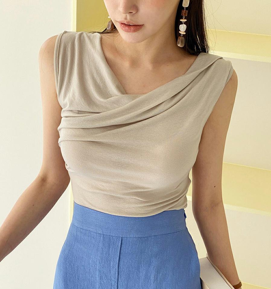 ドレープタイトノースリーブ・全4色・t72067 レディース 【tops】トップス ノースリーブ スリーブレス 単色 無地 シンプル ベーシック ドレープネック 鎖骨 デコルテ タイト 細身 春 夏 大人っぽ きれいめ ベージュ 韓国ファッション ハイホリHIHOLLI