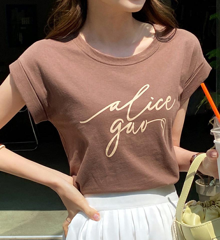 ロールアップスリーブレタリングTシャツ・全4色・b72068 レディース 【tops】トップス Tシャツ レタリング ロゴ ロゴT ロールアップ 柄 模様 筆記体 春 夏 カジュアル ラフ 楽ちん かわいい 可愛い 二の腕カバー 韓国ファッション ハイホリHIHOLLI