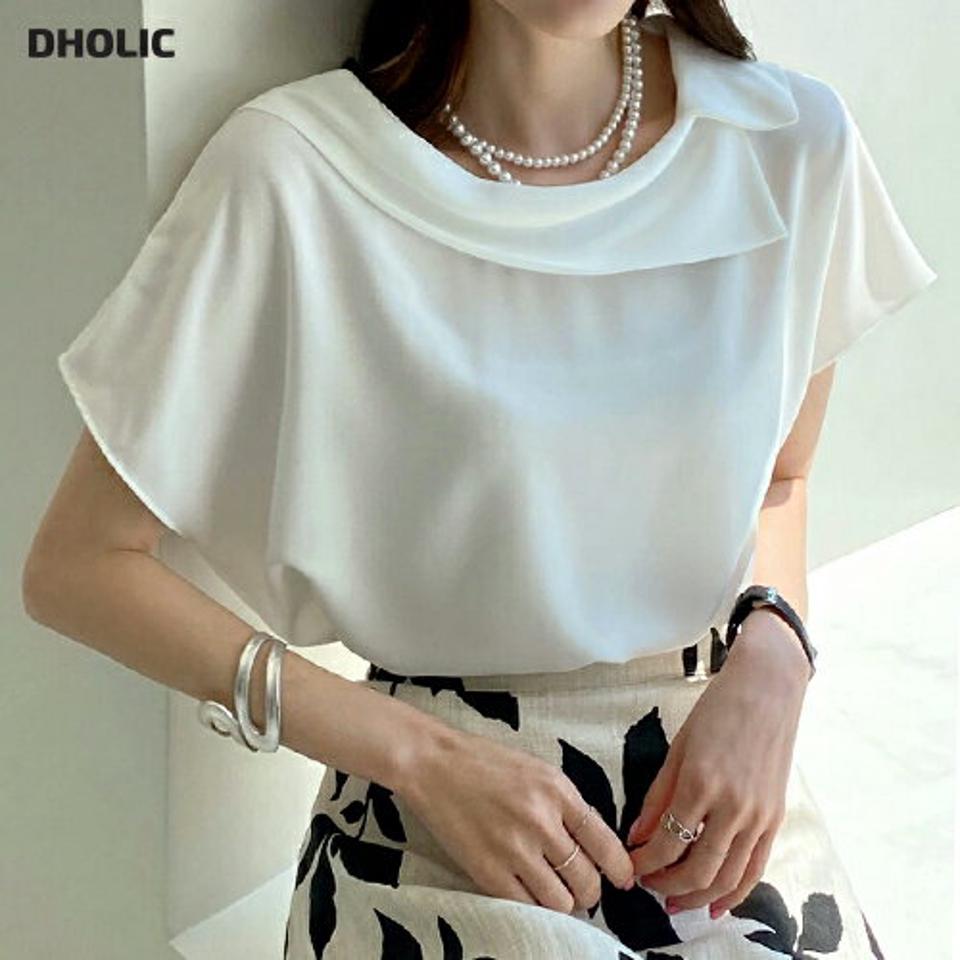 【10%OFF】アンバランスカラーブラウス・全2色・t72075 レディース 【bl】ブラウス トップス 半袖 単色 無地 シンプル オフィスカジュアル フレンチスリーブ 二の腕カバー 春 夏 上品 大人っぽ きれいめ 学校行事 韓国ファッション ハイホリHIHOLLI セール SALE