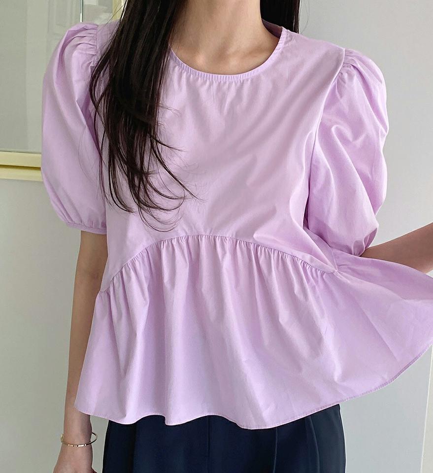 コットンペプラムブラウス・全4色・t72080 レディース 【bl】ブラウス トップス 半袖 無地 シンプル ベーシック コットン 綿 パステル ペプラム パフスリーブ 春 夏 フェミニン ガーリー 二の腕カバー お腹カバー 紫 韓国ファッション ハイホリHIHOLLI