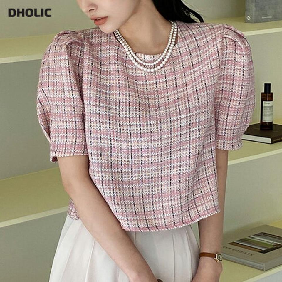 【スーパーセール特価】ツイードクロップドパフブラウス・全3色・t72083 レディース 【bl】ブラウス トップス 半袖 パフ袖 パフスリーブ 柄 模様 ツイード クロップド丈 ブルー ピンク ベージュ 春 夏 フェミニン ガーリー 韓国ファッション ハイホリHIHOLLI