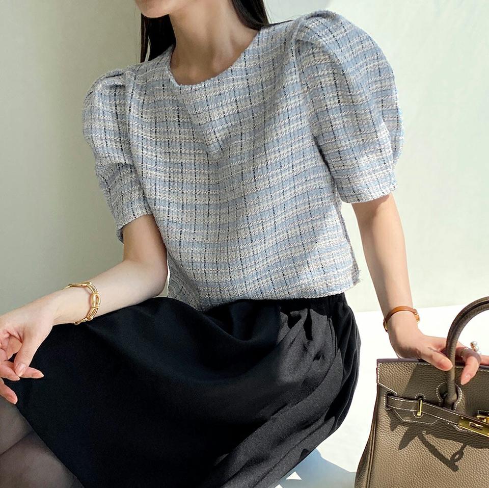 【スーパーセール特価】ツイードクロップドパフブラウス・全3色・t72083 レディース 【bl】ブラウス トップス 半袖 パフ袖 パフスリーブ 柄 模様 ツイード クロップド丈 ブルー ピンク ベージュ 春 夏 フェミニン ガーリー 韓国ファッション ハイホリHIHOLLI