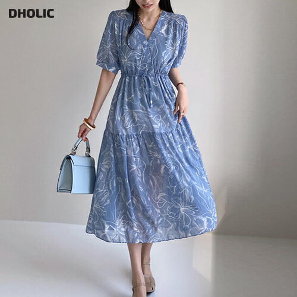 Vネックシフォン花柄ワンピース・全2色・b72087 レディース 【ops】ワンピース ロング丈 半袖 デコルテ 柄 ウエストマーク 花柄 シフォン 二の腕カバー 揺れ感 体型カバー 春 夏 爽やか 水色 アンティーク柄 韓国ファッション ハイホリHIHOLLI 人気