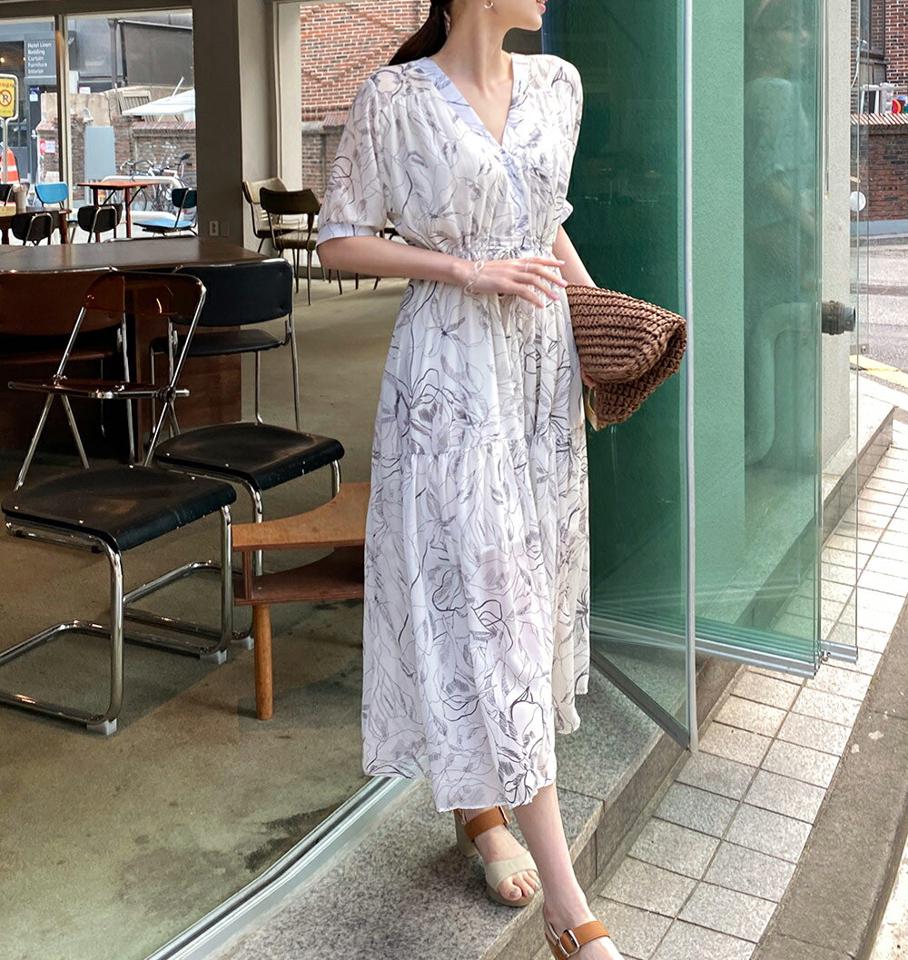 Vネックシフォン花柄ワンピース・全2色・b72087 レディース 【ops】ワンピース ロング丈 半袖 デコルテ 柄 ウエストマーク 花柄 シフォン 二の腕カバー 揺れ感 体型カバー 春 夏 爽やか 水色 アンティーク柄 韓国ファッション ハイホリHIHOLLI 人気