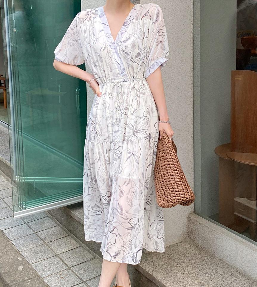 Vネックシフォン花柄ワンピース・全2色・b72087 レディース 【ops】ワンピース ロング丈 半袖 デコルテ 柄 ウエストマーク 花柄 シフォン 二の腕カバー 揺れ感 体型カバー 春 夏 爽やか 水色 アンティーク柄 韓国ファッション ハイホリHIHOLLI 人気