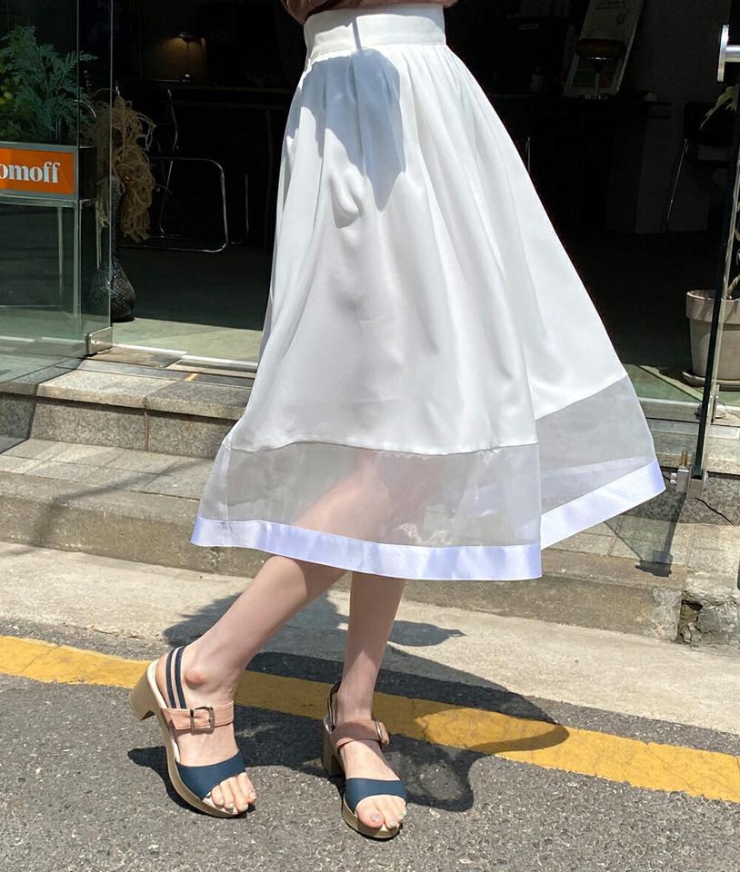 ≪人気商品再入荷≫シースルーヘムフレアスカート・全3色・b72095 レディース 【sk】スカート ミディ丈 柄 透け感 シアー シースルー ライン ヘム フレア ボリューム 春 夏 タック フェミニン ガーリー かわいい 異素材ミックス 韓国ファッション ハイホリHIHOLLI