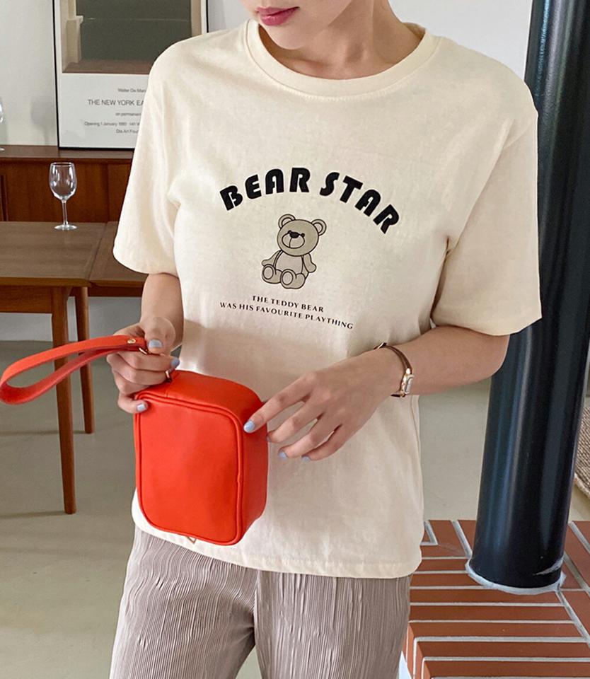 ベアレタリングTシャツ・全4色・t00866 レディース 【tops】トップス Tシャツ 半袖 ロゴ レタリング カジュアル クマ くま かわいい 可愛い ラフ ラウンドネック プリント アンバランス 春 夏 韓国ファッション