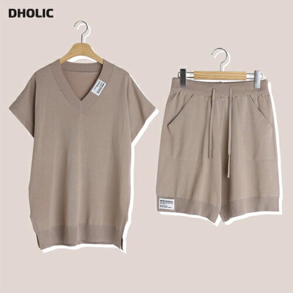 パッチニット&ハーフパンツSET・全3色・b00881 レディース 【pt】セットアップ setup トップス ニット 半袖 パンツ ズボン ハーフパンツ 半ズボン 単色 無地 シンプル カジュアル ラフ ウエストゴム ドルマンスリーブ 春 夏 韓国ファッション