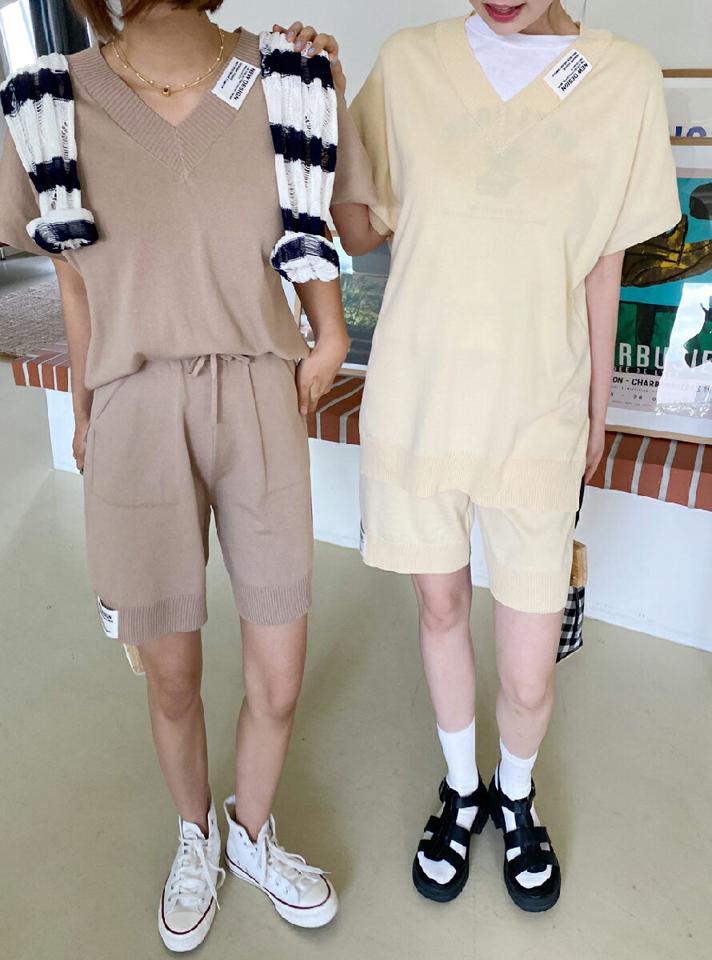 パッチニット&ハーフパンツSET・全3色・b00881 レディース 【pt】セットアップ setup トップス ニット 半袖 パンツ ズボン ハーフパンツ 半ズボン 単色 無地 シンプル カジュアル ラフ ウエストゴム ドルマンスリーブ 春 夏 韓国ファッション