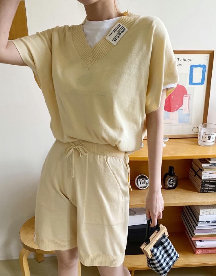 パッチニット&ハーフパンツSET・全3色・b00881 レディース 【pt】セットアップ setup トップス ニット 半袖 パンツ ズボン ハーフパンツ 半ズボン 単色 無地 シンプル カジュアル ラフ ウエストゴム ドルマンスリーブ 春 夏 韓国ファッション