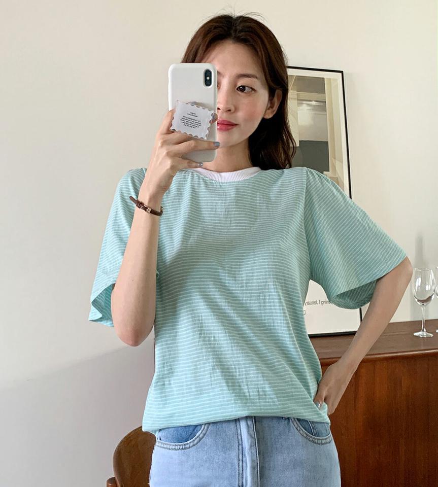 ボーダーパフスリーブTシャツ・全3色・t00867 レディース 【tops】トップス Tシャツ 半袖 ボーダー柄 パフスリーブ パフ袖 カジュアル かわいい ボーダーT 二の腕カバー 体型カバー フレアスリーブ ラウンドネック 春 夏 韓国ファッション