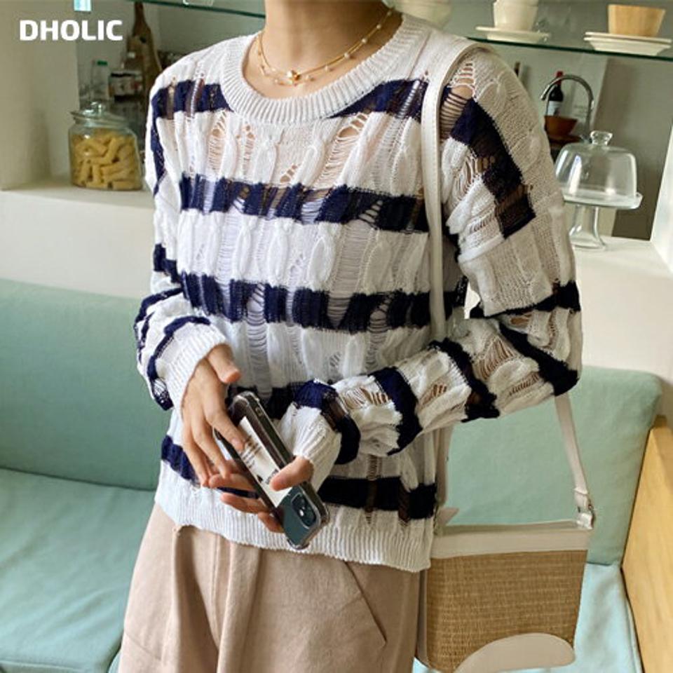 ダメージボーダーニット・全4色・b00875 レディース 【tops】トップス ニット 長袖 ぼろ ボロ ダメージ ボーダー柄 カジュアル ラフ レイヤード 透け感 シアー シースルー ドロップショルダー 春 秋 韓国ファッション