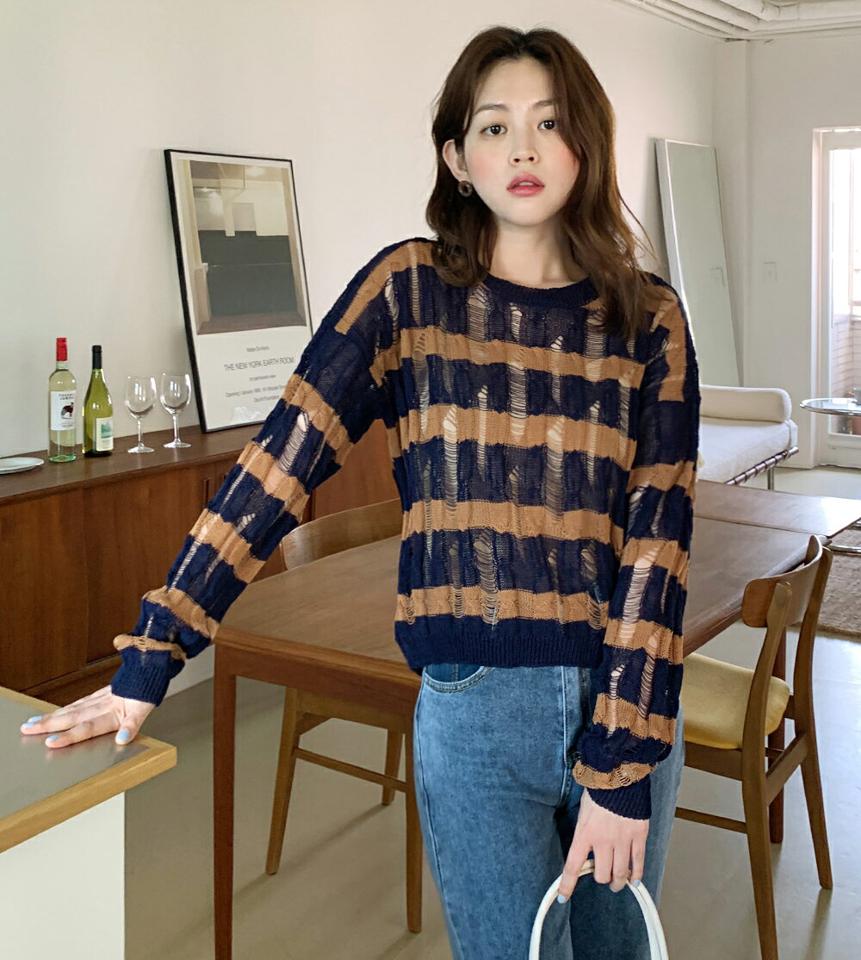ダメージボーダーニット・全4色・b00875 レディース 【tops】トップス ニット 長袖 ぼろ ボロ ダメージ ボーダー柄 カジュアル ラフ レイヤード 透け感 シアー シースルー ドロップショルダー 春 秋 韓国ファッション