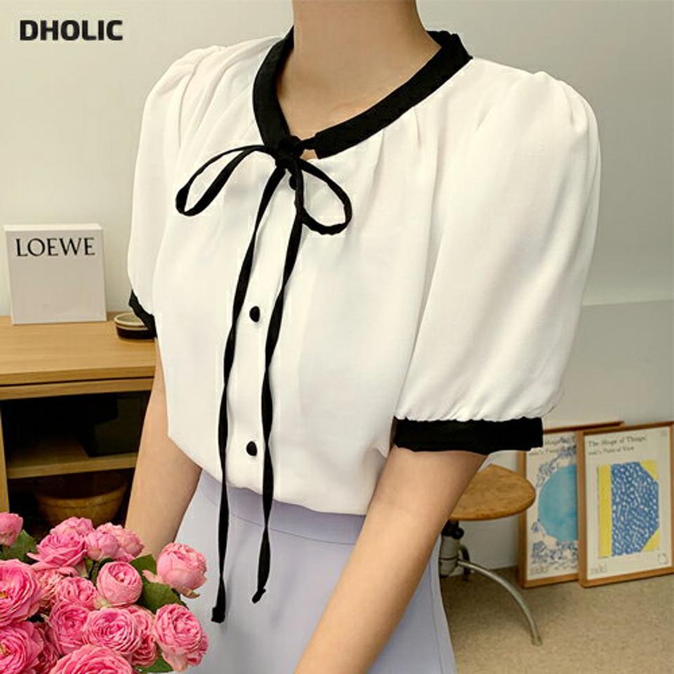 【10%OFF】配色リボンブラウス・全3色・t00872 レディース 【bl】トップス ブラウス 半袖 配色 りぼん ガーリー 大人 かわいい パフ袖 パフスリーブ バンドカラー ギャザー きれいめ 上品 とろみブラウス 春 夏 韓国ファッション blsセール