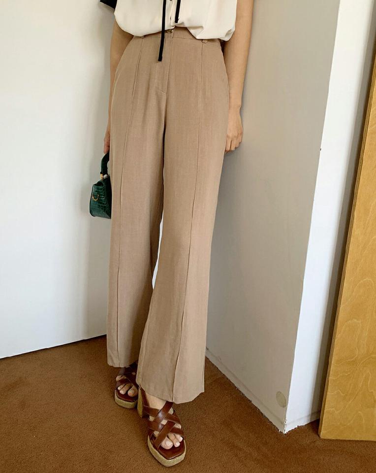 リネン混センタープレススラックス・全4色・t00889 レディース 【pt】スラックス パンツ ズボン ロングパンツ センタープレス リネン 単色 無地 シンプル カジュアル ナチュラル ワイド ベルトループ 春 夏 韓国ファッション