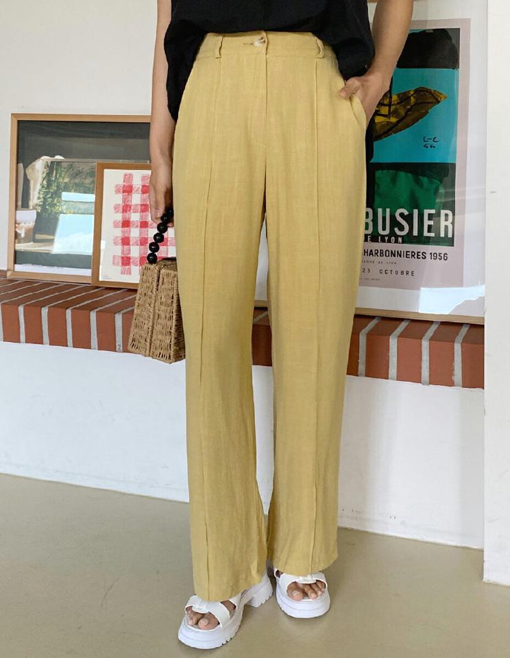 リネン混センタープレススラックス・全4色・t00889 レディース 【pt】スラックス パンツ ズボン ロングパンツ センタープレス リネン 単色 無地 シンプル カジュアル ナチュラル ワイド ベルトループ 春 夏 韓国ファッション