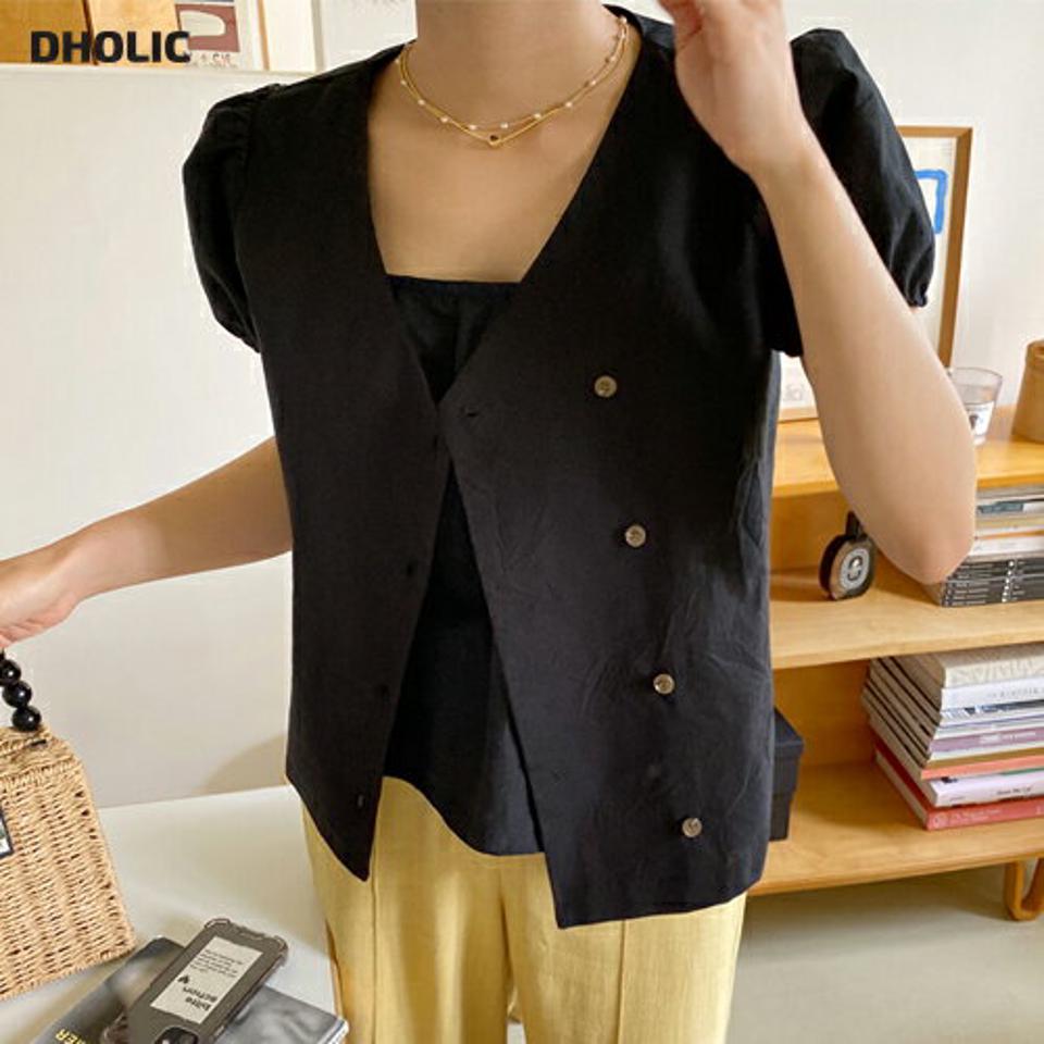 コットンVネックブラウス・全3色・t00882 レディース 【bl】トップス ブラウス 半袖 パフ袖 パフスリーブ 単色 無地 シンプル 綿 大人 かわいい 可愛い ボタン カジュアル 春 夏 韓国ファッション