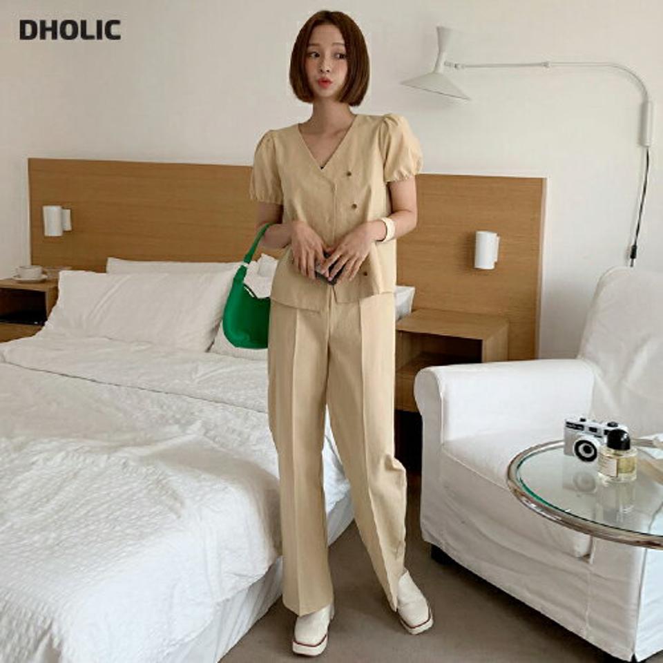 コットンVネックブラウス&ストレートスラックスSET・全3色・t00885 レディース 【pt】セットアップ setup トップス ブラウス ボタン パンツ スラックス ストレート 単色 無地 半袖 パフ袖 シンプル カジュアル 春 夏 韓国ファッション