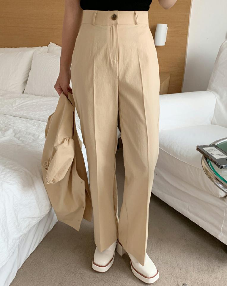 コットンストレートスラックス・全3色・t00883 レディース 【pt】スラックス パンツ ズボン 単色 無地 シンプル ベーシック ストレート コットン 綿 カジュアル ベルトループ 大人 黄色 春 夏 秋 韓国ファッション