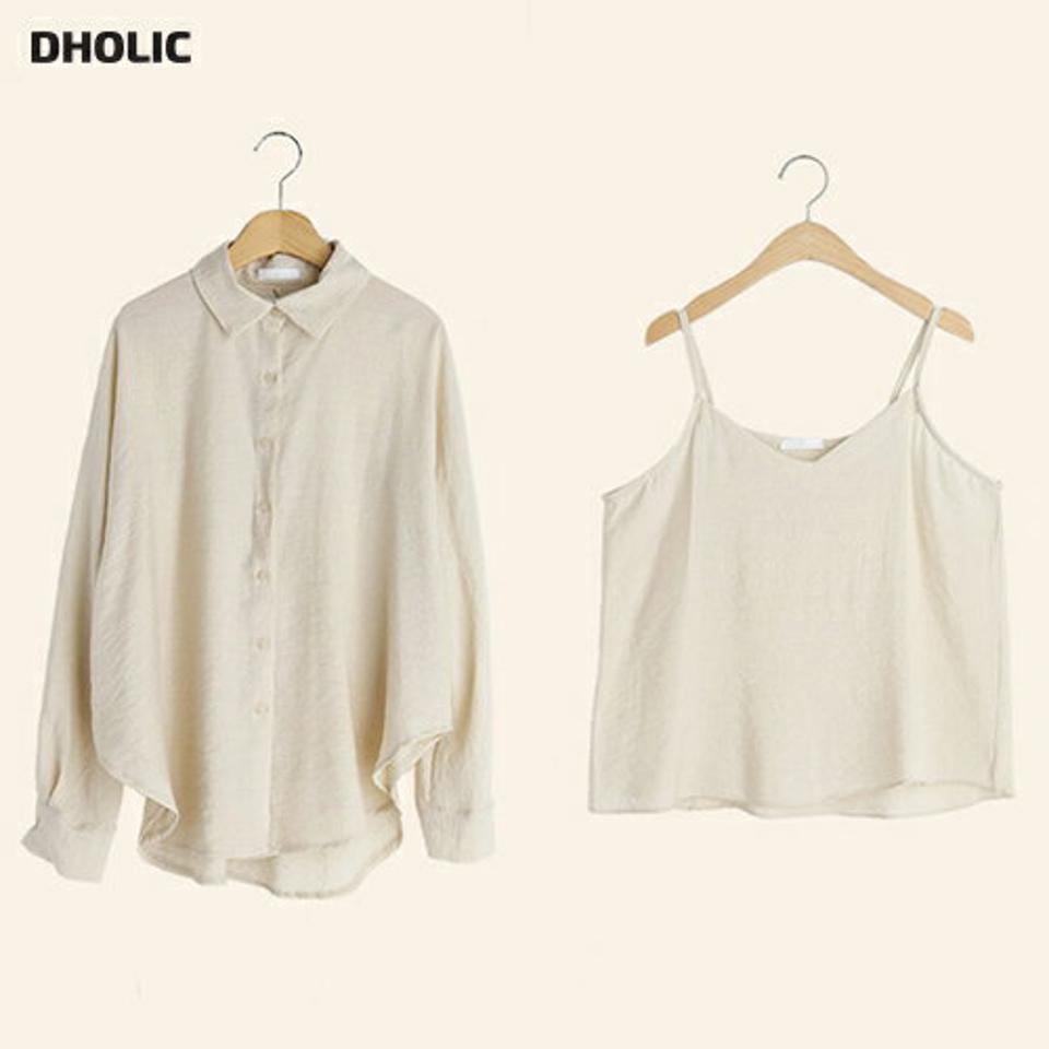 キャミ&ルーズシャツSET・全3色・t72307 レディース 【bl】セット アンサンブル シャツ キャミソール 長袖 襟 ボタン 単色 無地 シンプル ベーシック パステル 体型カバー 楽ちん ルーズ 春 夏 カジュアル 韓国ファッション ハイホリHIHOLLI