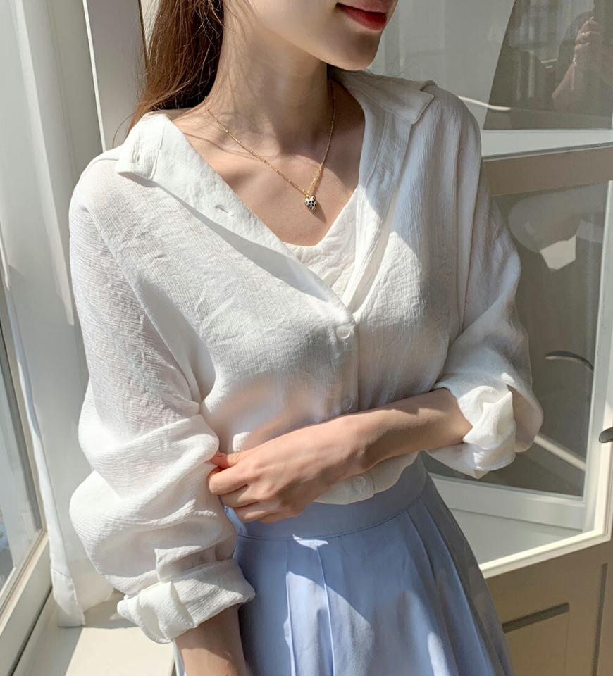 キャミ&ルーズシャツSET・全3色・t72307 レディース 【bl】セット アンサンブル シャツ キャミソール 長袖 襟 ボタン 単色 無地 シンプル ベーシック パステル 体型カバー 楽ちん ルーズ 春 夏 カジュアル 韓国ファッション ハイホリHIHOLLI