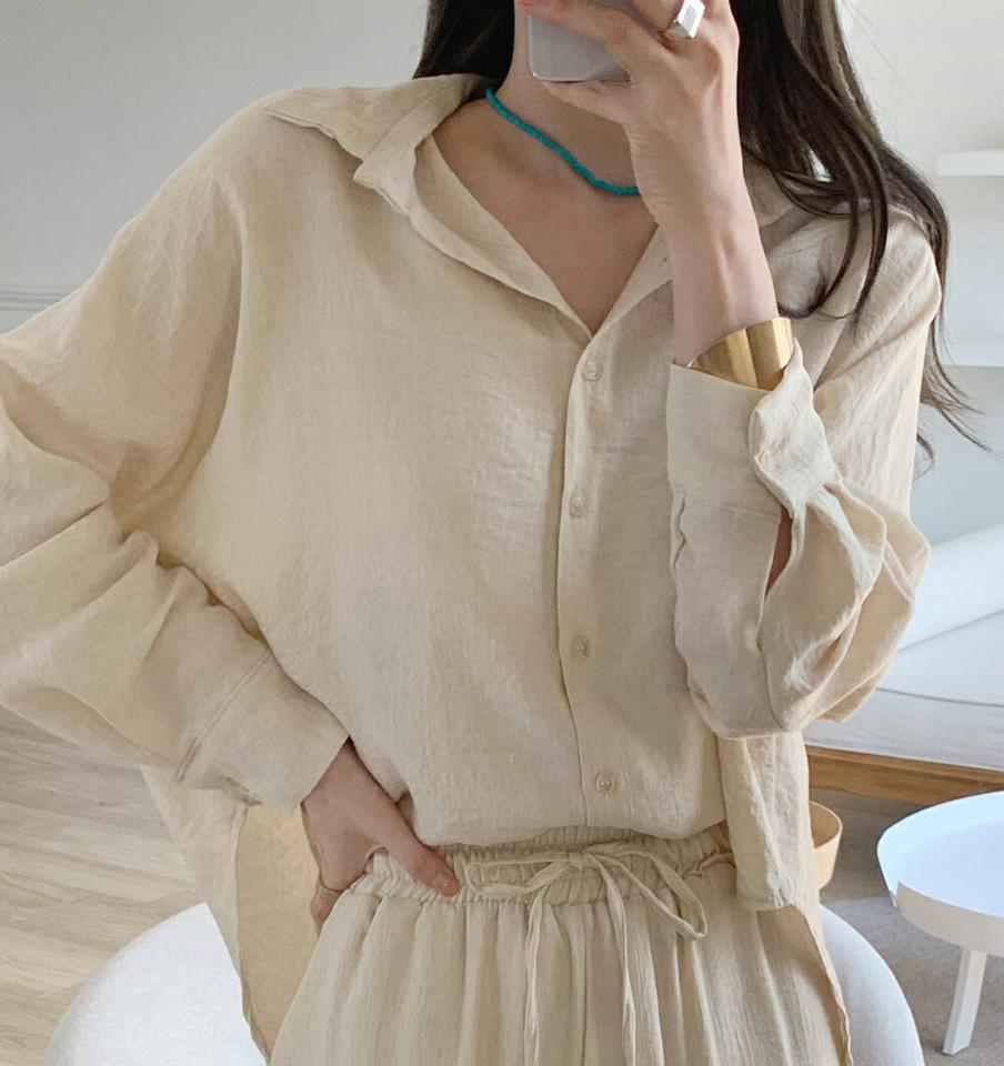 キャミ&ルーズシャツSET・全3色・t72307 レディース 【bl】セット アンサンブル シャツ キャミソール 長袖 襟 ボタン 単色 無地 シンプル ベーシック パステル 体型カバー 楽ちん ルーズ 春 夏 カジュアル 韓国ファッション ハイホリHIHOLLI