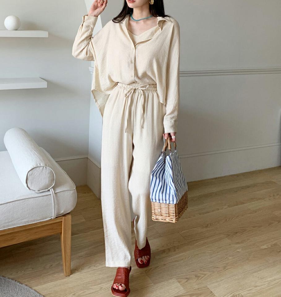 キャミ&ルーズシャツ&ウエストゴムパンツ3SET・全3色・t72306 レディース 【pt】セット セットアップ setup キャミソール シャツ パンツ 長袖 ロング丈 単色 無地 シンプル べーシック 春 夏 大人っぽ カジュアル 韓国ファッション ハイホリHIHOLLI