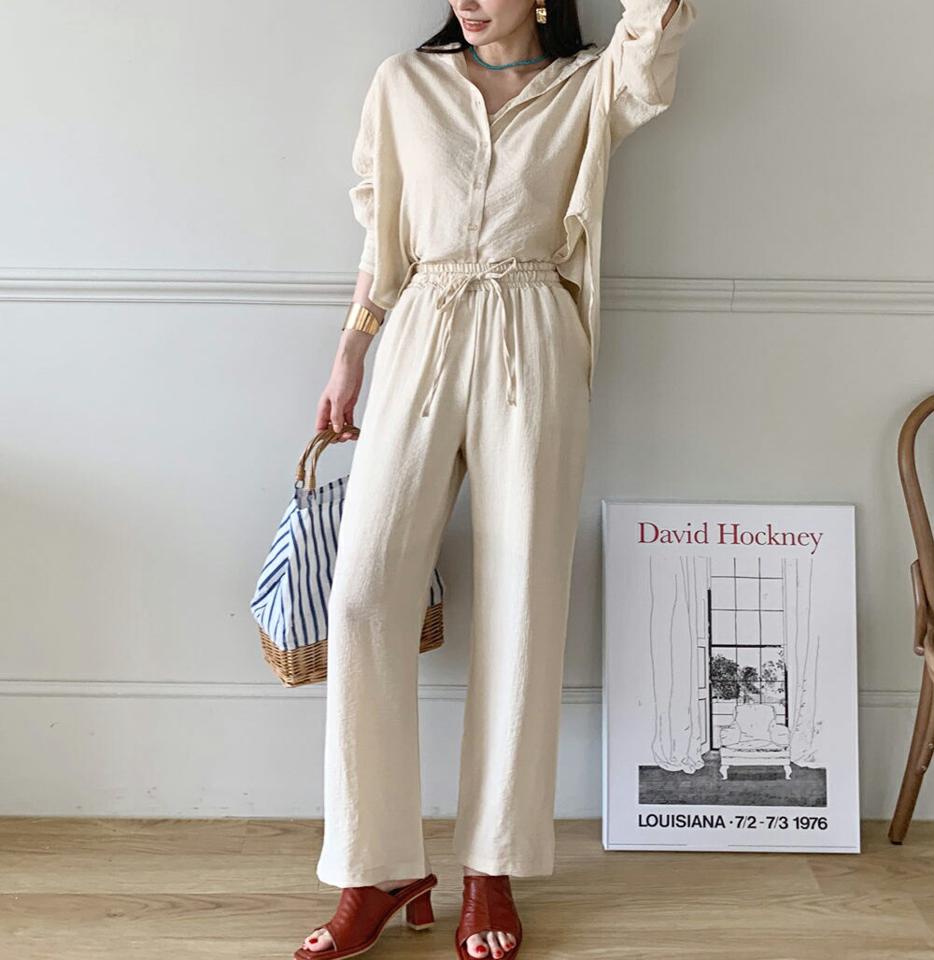 キャミ&ルーズシャツ&ウエストゴムパンツ3SET・全3色・t72306 レディース 【pt】セット セットアップ setup キャミソール シャツ パンツ 長袖 ロング丈 単色 無地 シンプル べーシック 春 夏 大人っぽ カジュアル 韓国ファッション ハイホリHIHOLLI