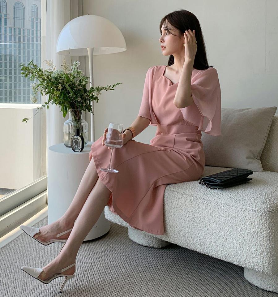 フレアスリーブシフォンワンピース・全3色・b72305 レディース 【ops】ワンピース ロング丈 半袖 無地 シンプル パステル マーメイド 春 夏 結婚式 お呼ばれ きれいめ 二の腕カバー フェミニン ピンク 上品 パーティードレス 高級感 韓国ファッション ハイホリHIHOLLI