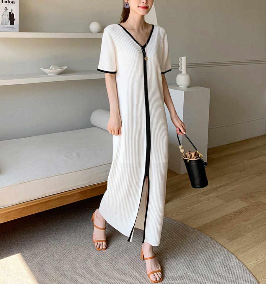 配色スリットリブニットワンピース・全4色・b72330 レディース 【ops】ワンピース ロング丈 半袖 配色 柄 模様 リブ ニット Vネック 鎖骨 デコルテ ライン 春 夏 大人っぽ カジュアル フェミニン サマーニット 韓国ファッション ハイホリHIHOLLI