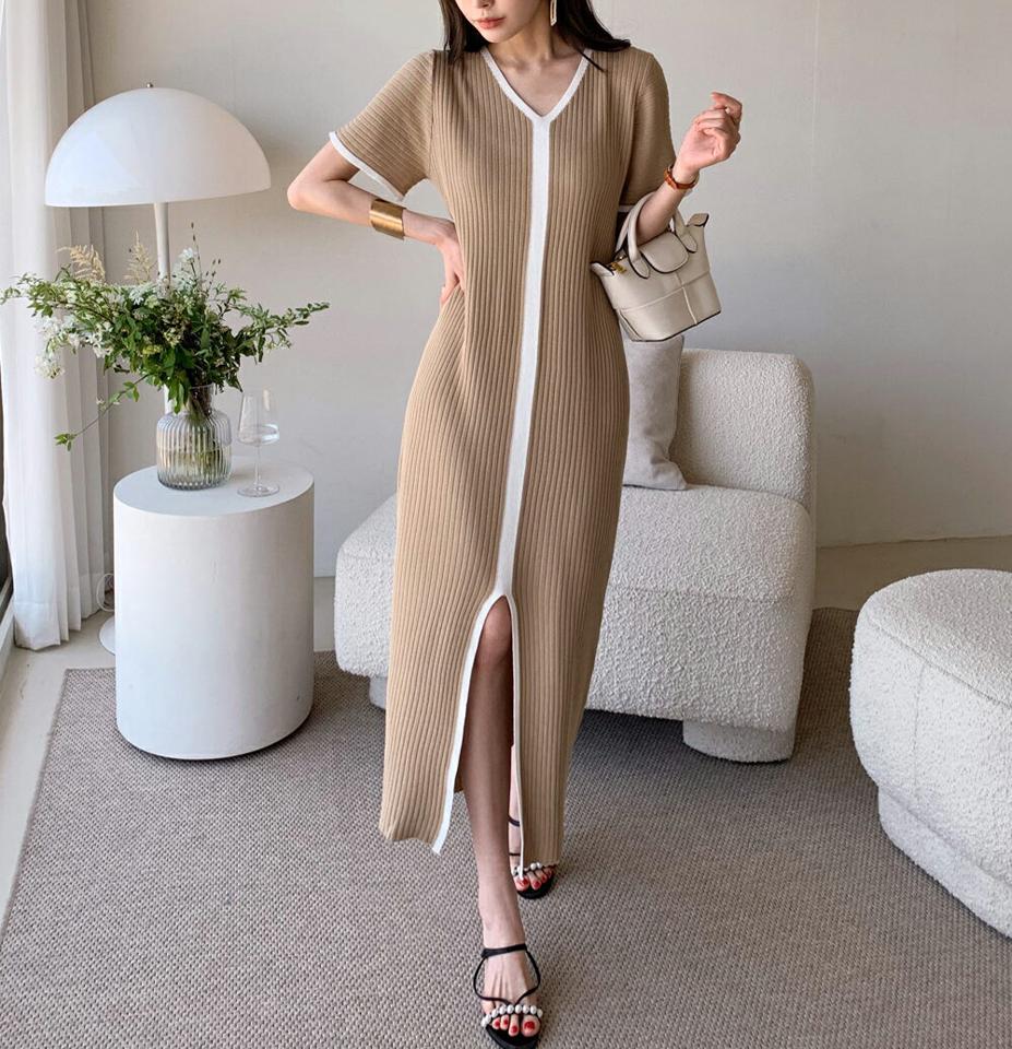配色スリットリブニットワンピース・全4色・b72330 レディース 【ops】ワンピース ロング丈 半袖 配色 柄 模様 リブ ニット Vネック 鎖骨 デコルテ ライン 春 夏 大人っぽ カジュアル フェミニン サマーニット 韓国ファッション ハイホリHIHOLLI