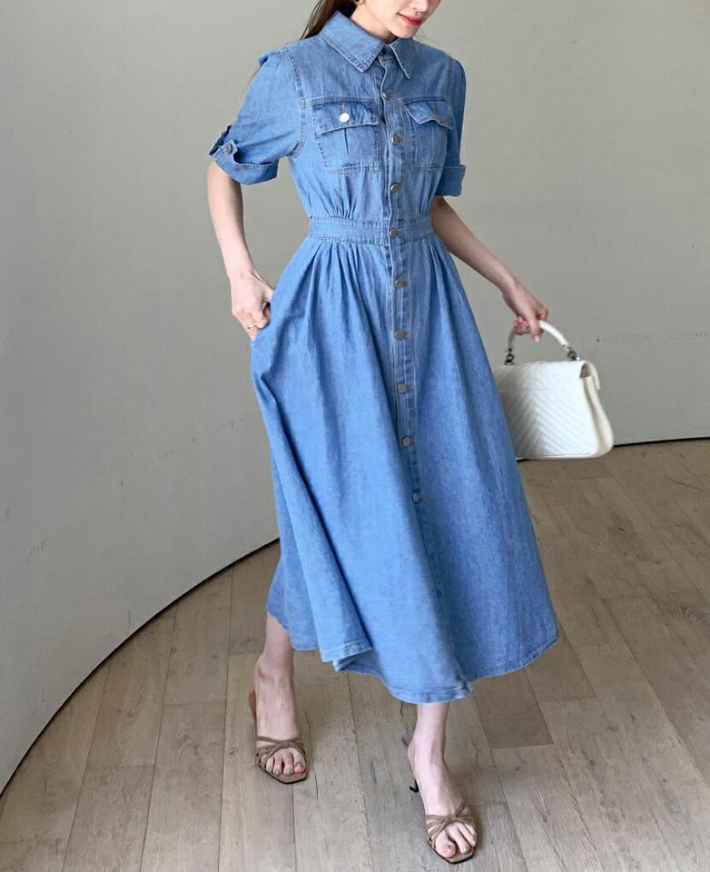 デニムAラインシャツワンピース・全1色・b72298 レディース 【ops】ワンピース ロング丈 半袖 デニム 柄 シャツワンピ 襟 ボタン ぼたん ウエストマーク Aライン 体型カバー 春 夏 カジュアル フェミニン 韓国ファッション ハイホリHIHOLLI