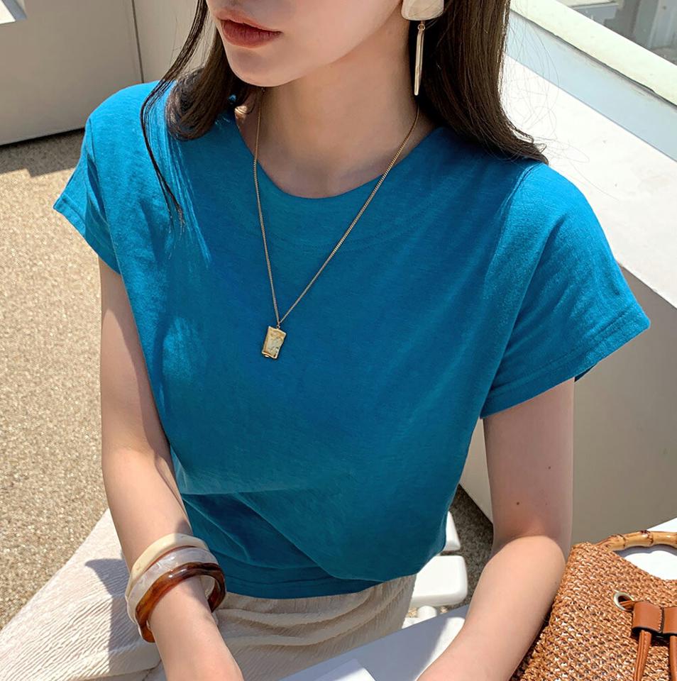 フレンチスリーブTシャツ・全8色・b72295 レディース 【tops】トップス 半袖 Tシャツ フレンチスリーブ 単色 無地 シンプル ベーシック カラーアイテム カラバリ 春 夏 カジュアル 青 韓国ファッション HIHOLLI