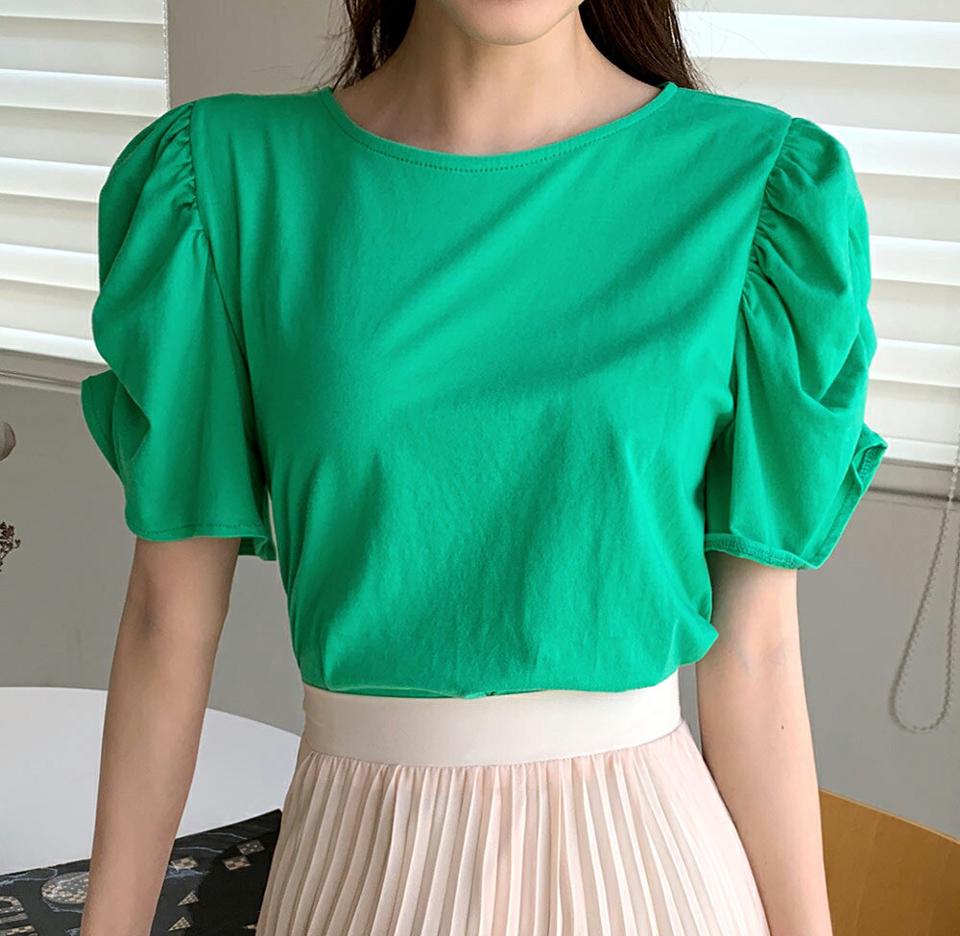 シャーリング半袖Tシャツ・全4色・b72294 レディース 【tops】トップス 半袖 単色 無地 シンプル シャーリング Tシャツ 華やか カラーアイテム スリット 春 夏 フェミニン ガーリー 上品 きれいめ 二の腕カバー 緑 韓国ファッション ハイホリHIHOLLI