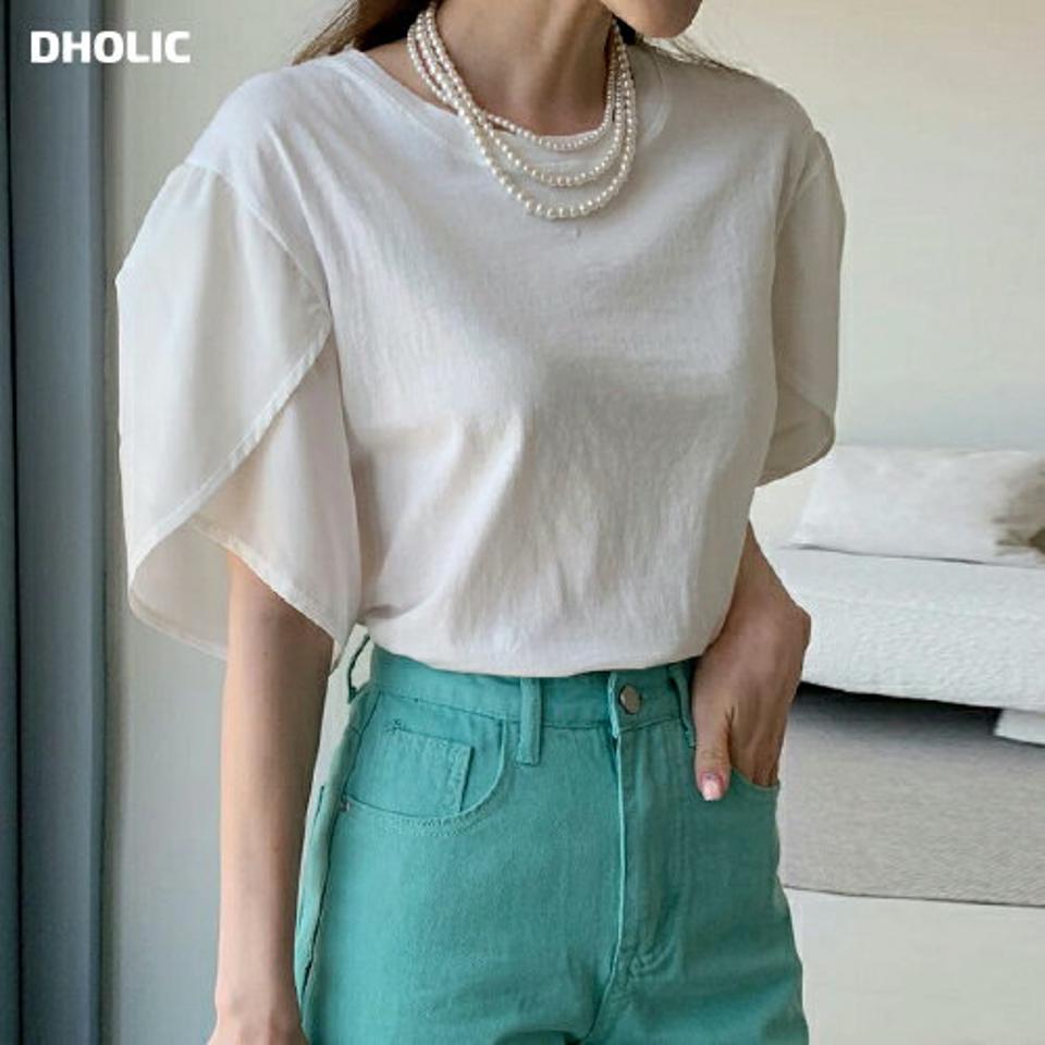 スリットスリーブTシャツ・全3色・b72293 レディース 【tops】トップス 半袖 Tシャツ 単色 無地 シンプル ベーシック スリット ゆったり 楽ちん 二の腕カバー パフ 春 夏 フェミニン きれいめ 大人っぽ 二の腕カバー 韓国ファッション ハイホリHIHOLLI