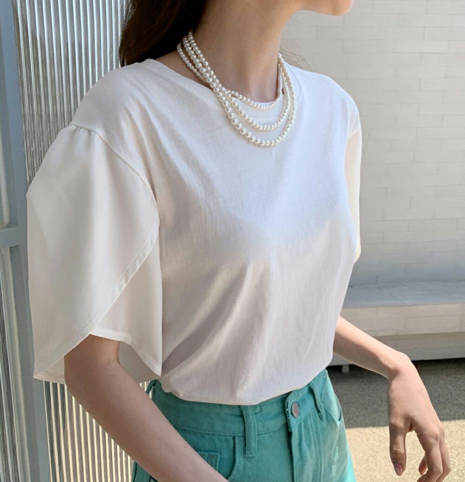 スリットスリーブTシャツ・全3色・b72293 レディース 【tops】トップス 半袖 Tシャツ 単色 無地 シンプル ベーシック スリット ゆったり 楽ちん 二の腕カバー パフ 春 夏 フェミニン きれいめ 大人っぽ 二の腕カバー 韓国ファッション ハイホリHIHOLLI