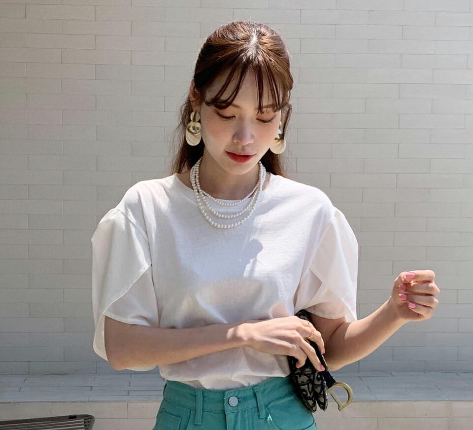 スリットスリーブTシャツ・全3色・b72293 レディース 【tops】トップス 半袖 Tシャツ 単色 無地 シンプル ベーシック スリット ゆったり 楽ちん 二の腕カバー パフ 春 夏 フェミニン きれいめ 大人っぽ 二の腕カバー 韓国ファッション ハイホリHIHOLLI
