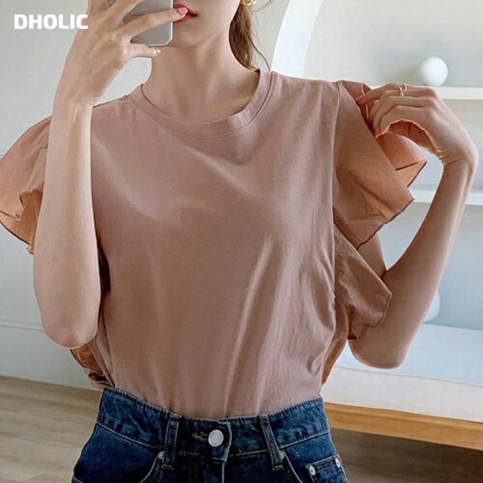 サイドフリル配色Tシャツ・全5色・b72329 レディース 【tops】トップス Tシャツ 単色 無地 シンプル ベーシック 半袖 二の腕カバー フリル パステル 異素材 スリット 春 夏 カジュアル フェミニン ガーリー 韓国ファッション ハイホリHIHOLLI