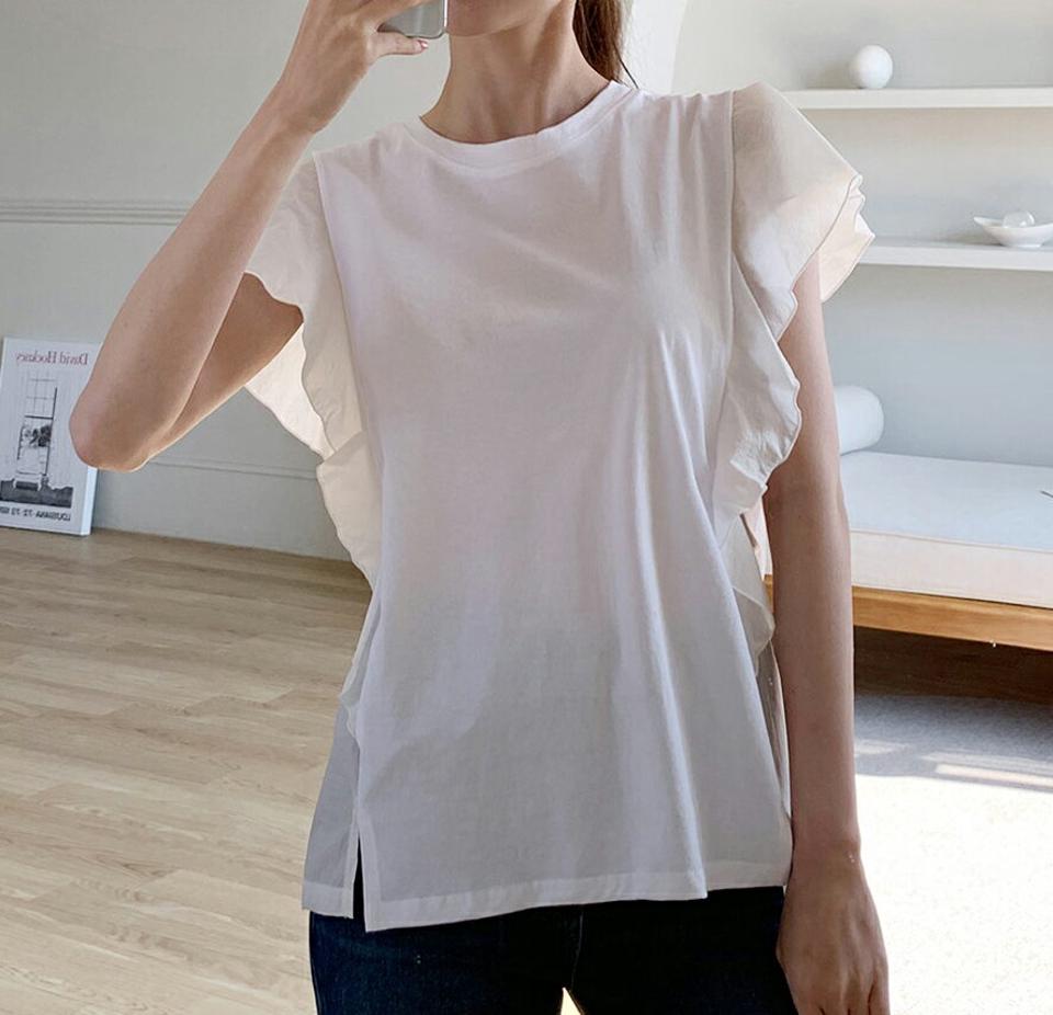 サイドフリル配色Tシャツ・全5色・b72329 レディース 【tops】トップス Tシャツ 単色 無地 シンプル ベーシック 半袖 二の腕カバー フリル パステル 異素材 スリット 春 夏 カジュアル フェミニン ガーリー 韓国ファッション ハイホリHIHOLLI