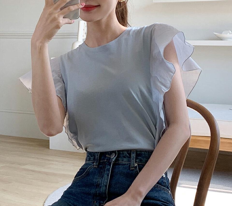 サイドフリル配色Tシャツ・全5色・b72329 レディース 【tops】トップス Tシャツ 単色 無地 シンプル ベーシック 半袖 二の腕カバー フリル パステル 異素材 スリット 春 夏 カジュアル フェミニン ガーリー 韓国ファッション ハイホリHIHOLLI