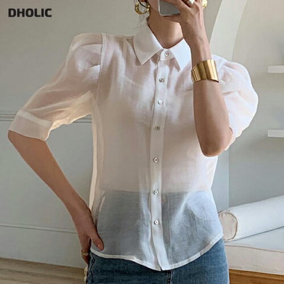 【10%OFF】シースルーカラーパフブラウス・全6色・t72289 レディース 【bl】ブラウス トップス 半袖 単色 無地 シンプル ボタン 襟 シアー 透け感 シースルー パフ袖 パフスリーブ 春 夏 フェミニン きれいめ 上品 大人っぽ 韓国ファッション ハイホリHIHOLLI セール SALE