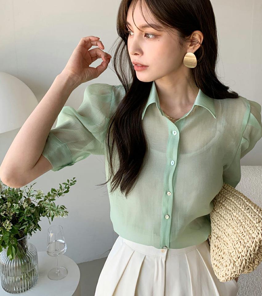 【10%OFF】シースルーカラーパフブラウス・全6色・t72289 レディース 【bl】ブラウス トップス 半袖 単色 無地 シンプル ボタン 襟 シアー 透け感 シースルー パフ袖 パフスリーブ 春 夏 フェミニン きれいめ 上品 大人っぽ 韓国ファッション ハイホリHIHOLLI セール SALE