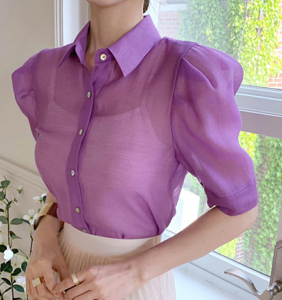 【10%OFF】シースルーカラーパフブラウス・全6色・t72289 レディース 【bl】ブラウス トップス 半袖 単色 無地 シンプル ボタン 襟 シアー 透け感 シースルー パフ袖 パフスリーブ 春 夏 フェミニン きれいめ 上品 大人っぽ 韓国ファッション ハイホリHIHOLLI セール SALE