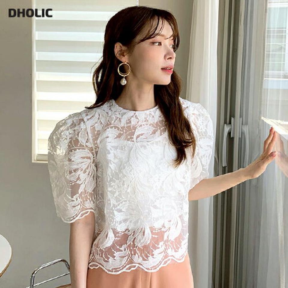 キャミ付レースブラウス・全2色・t72288 レディース 【bl】ブラウス トップス キャミソール キャミ セット 半袖 レース 柄 模様 総柄 透け感 シアー 二の腕カバー 春 夏 クロップド丈 フェミニン 高級感 大人っぽ 韓国ファッション ハイホリHIHOLLI