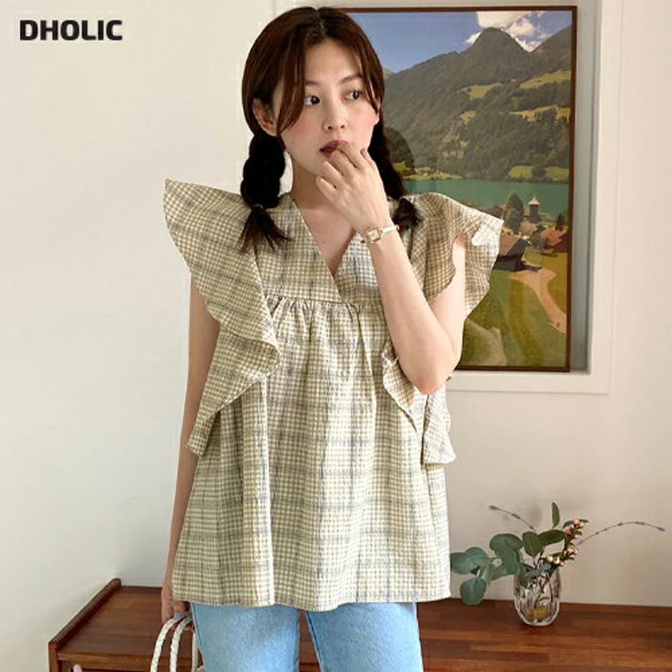 チェックフリルフレンチスリーブブラウス・全3色・b00624 レディース 【bl】トップス ブラウス フレンチスリーブ ショートスリーブ フリル チェック柄 二の腕カバー ゆったり 体型カバー リンクル ルーズ 黄色 春 夏 お腹カバー 韓国ファッション