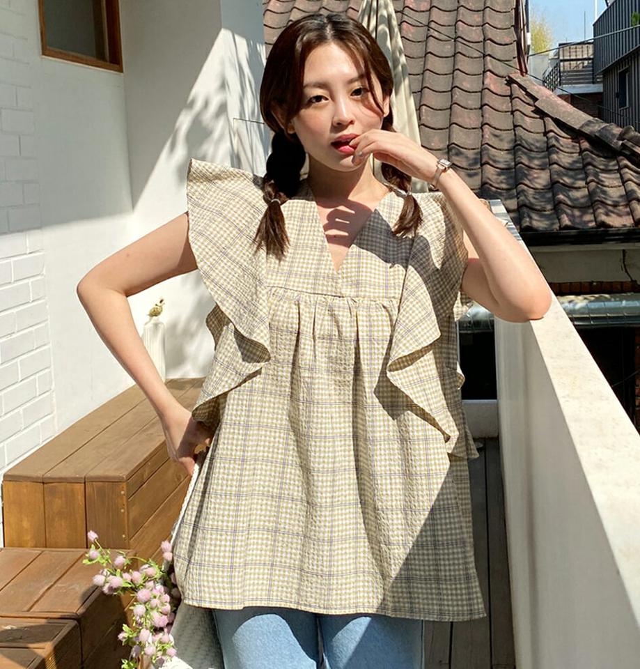 チェックフリルフレンチスリーブブラウス・全3色・b00624 レディース 【bl】トップス ブラウス フレンチスリーブ ショートスリーブ フリル チェック柄 二の腕カバー ゆったり 体型カバー リンクル ルーズ 黄色 春 夏 お腹カバー 韓国ファッション